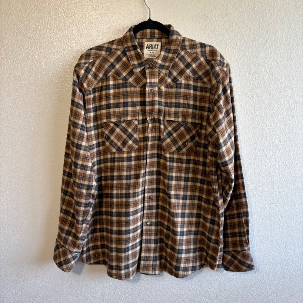 Ariat Size Large Retro Fit Orange Black Plaid Pearl Snap Flannel Shirt Western